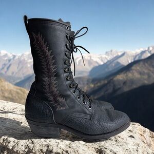 Dark Cowboy Ethel Cain-Style Black REAL Leather Unique Lace-Up Embroidered Boots